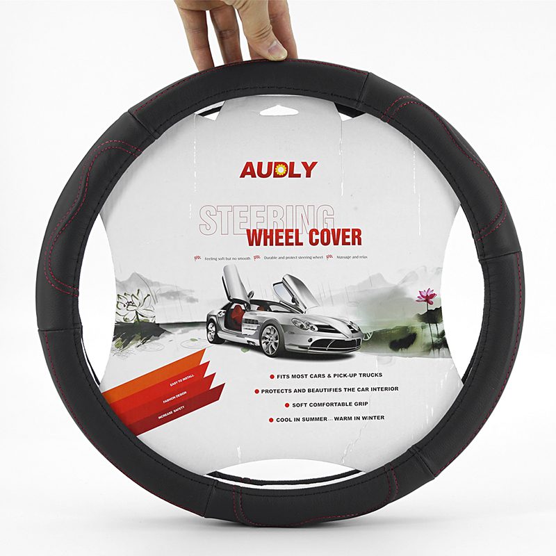 Universal Fit Heavy Duty Car Steering Wheel Cover anti slip hot sale design pu leather steering wheel cover with white inner