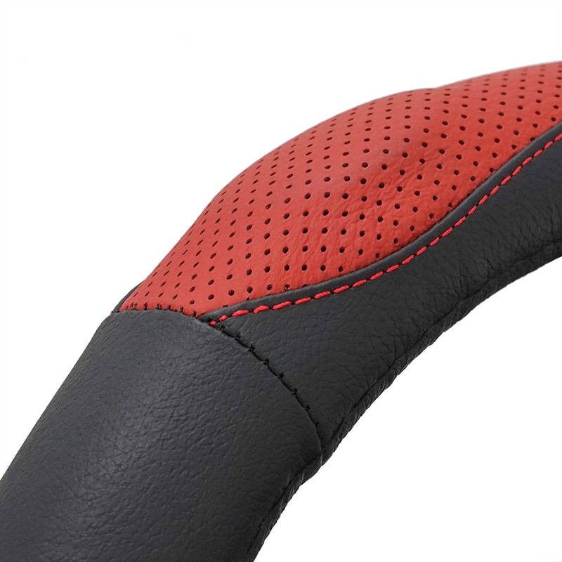 Sewing car steering wheel covers red black heavy real leather steering wheel cover with needle